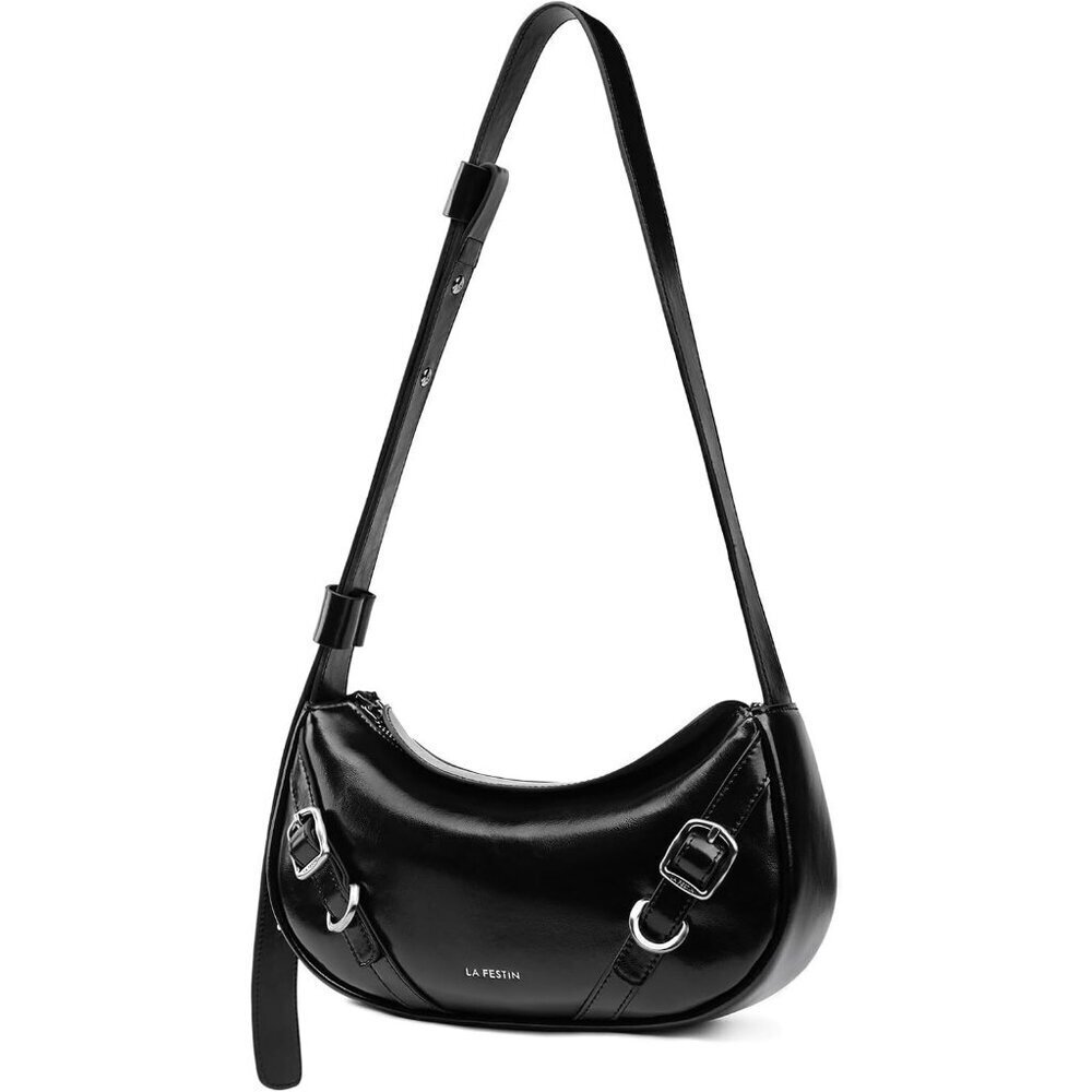 Women Onyx Black Soft Leather and polyester Hobo Bag with Adjustable Strap
